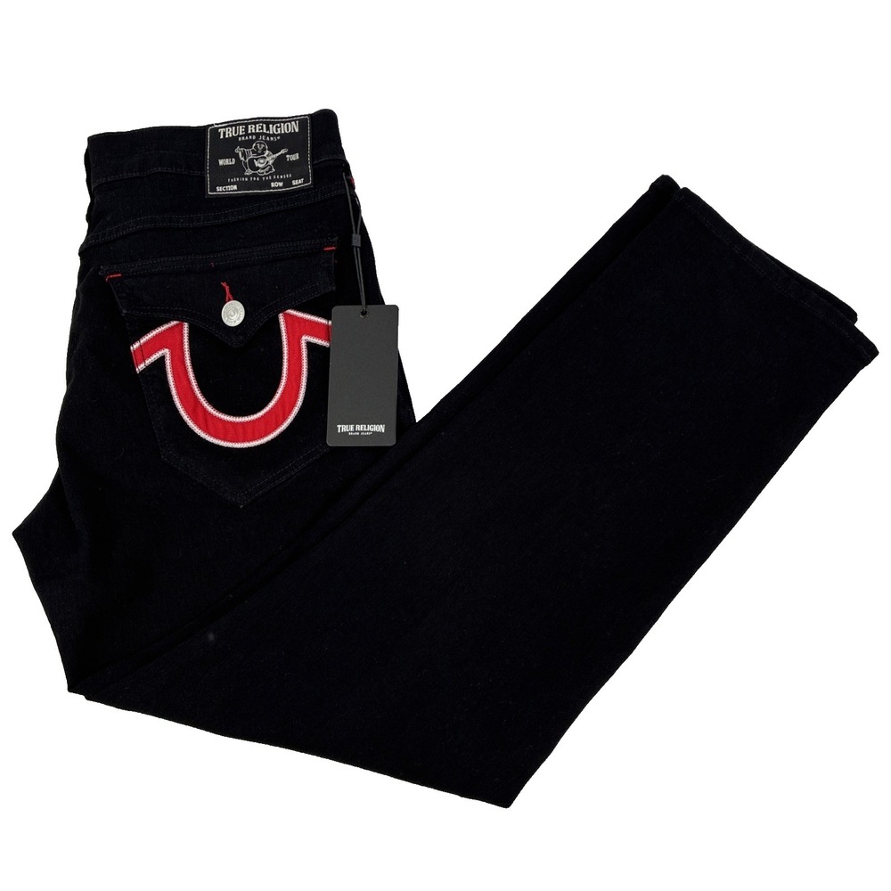 True Religion Ricky Appliqué SN Flap Relaxed Straight Jeans Size 34x30 NWT Black